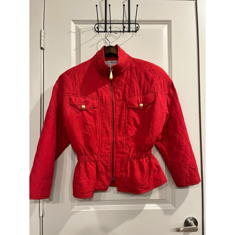 Carlisle Women Red Quilted Full Zip Collared Short Jacket Silk Shell Size 4 0064